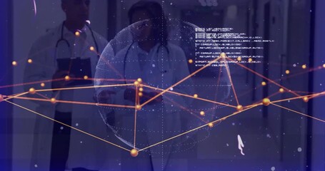 doctors reviewing tablet in hospital corridor, projecting orange network nodes with floating code - Powered by Adobe
