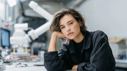 Female engineer leans thoughtfully on a robot arm, showcasing her passion for technology in the lab Generative AI