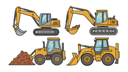Construction Machinery: A series of vibrant illustrations showcases powerful construction machinery, including excavators and loaders, ready to shape the landscape and build the future.