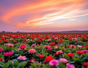 Serene Sunset Over Blooming Red Field