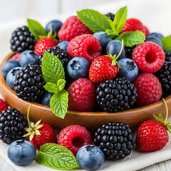 A vibrant wooden bowl filled with an assortment of fresh, ripe blueberries, raspberries, blackberries, and strawberries, garnished with green mint leaves, showcasing a healthy and colorful fruit mix.