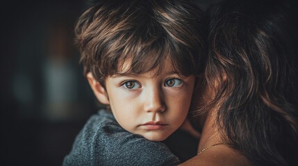 A heartwarming embrace captures a child's innocent gaze while being held by a loved one, conveying comfort, protection, and the unbreakable bond between family.