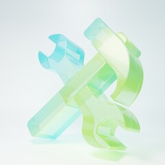 Frosted glass Crossed hammer and wrench icon isolated on white background. Hardware tools. Minimalism concept. 3D render illustration