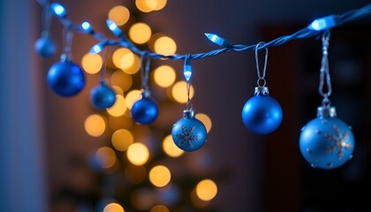 Blue Christmas Lights with Festive Baubles and Bokeh Effect