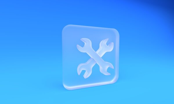 Frosted glass Crossed wrenchs icon isolated on blue background. Spanner repair tool. Service tool symbol. Square frosted glass button. 3D render illustration