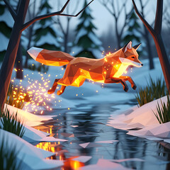 A glowing low-poly fox leaps gracefully over a frozen stream in a magical winter forest scene, illuminated by warm light and sparkling particles.