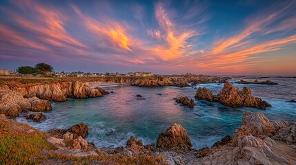 Spectacular sunset over a rugged coastline with dramatic clouds painting the sky above the ocean and rocky shores.