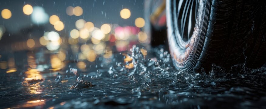 The car tire splashing through a rain soaked street with blurred city lights