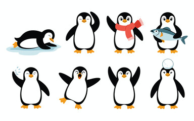 Obraz premium Collection of Colorful Penguin Characters Wearing Winter Accessories and Holding Fish