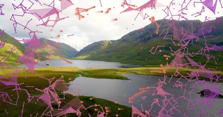 When pink network overlay drifting in, overlay visualizing data flow then receding over valley - Powered by Adobe