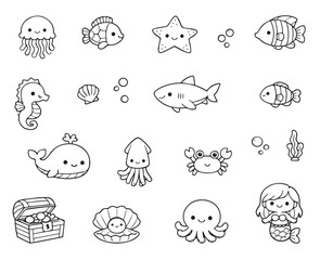 vector illustration features a collection of adorable sea animals including a jellyfish, starfish, fish, seahorse, shark, whale, squid, crab, and mermaid. Perfect for children's designs.