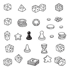 Vector illustration featuring a variety of board game components like dice, tokens, and currency. Useful for game design, educational purposes, or hobbyist projects.