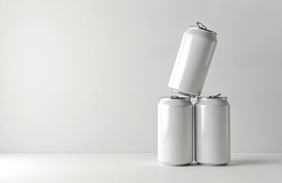 Three aluminium cans stand on table. Soda blank cans mock-up. Drink packing design. Metal containers for lemonade beer. Beverage product branding, promotion presentaiton. Canned drinks marketing