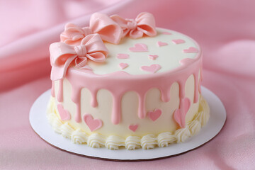 A stunning double-layer white cake with pink drips, bows, and heart decorations for celebrations Generative AI
