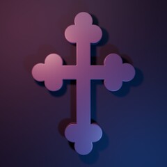Obraz premium Purple Christian cross icon isolated on purple-blue background. Church cross. Minimalism concept. 3D render illustration