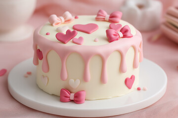 A lovely cake with double layers features pink bows and hearts, perfect for joyful events Generative AI