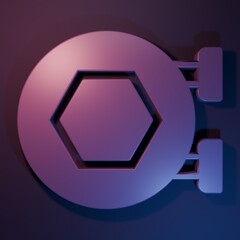 Purple Hanging sign with honeycomb isolated on purple-blue background. Signboard icon. Honey cells symbol. Sweet natural food. Minimalism concept. 3D render illustration