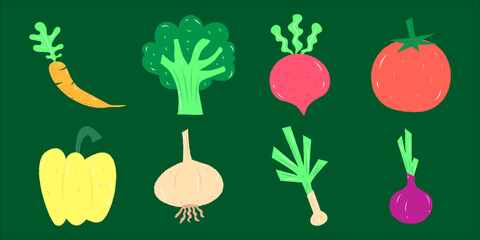 Colorful Hand-Drawn Vegetables Collection on Green Background
