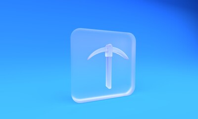 Frosted glass Pickaxe icon  on blue background. Blockchain technology, cryptocurrency mining, bitcoin, digital money market, cryptocoin wallet. Square frosted glass button. 3D render illustration