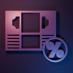 Purple Money percent icon isolated on purple-blue background. Percent loyalty wallet sign. Minimalism concept. 3D render illustration