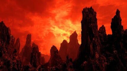 Dramatic volcanic rock formations under a fiery inferno sky, evoking a sense of desolation and power.