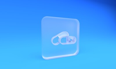 Frosted glass Cat and pills icon isolated on blue background. Prescription medicine for animal. Square frosted glass button. 3D render illustration