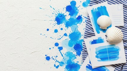Vibrant blue artistic workspace with seashells and postcards