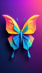 Geometric origami butterfly with colorful paper folds on purple gradient background