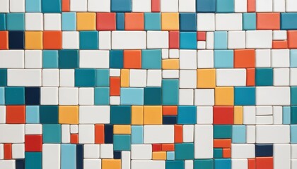 Random mosaic of colorful square tiles in blue orange and white
