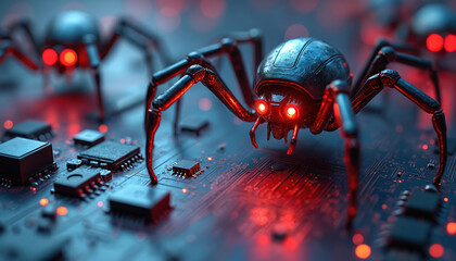 Mechanical spiders with glowing red eyes crawl across complex electronic circuit board. Robotic creatures represent digital intrusion system vulnerability. Explore intricate pathways of computer