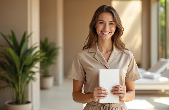 Smiling spa employee in uniform holds menu. Woman in luxury wellness center. Happy female at work. Person with book in hands. Professional in beauty parlor workplace. Calm zen interior design.