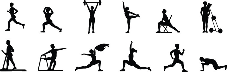 Fitness workout silhouette icons, gym training exercises, strength cardio yoga poses, healthy lifestyle sport activities, isolated black people collection