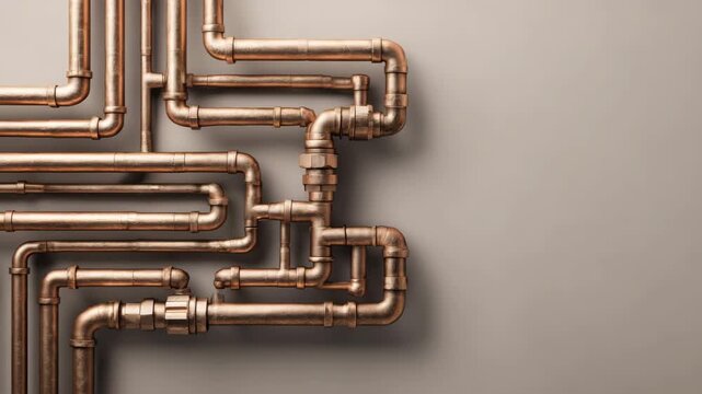 Intricate network of copper pipes against a neutral wall, emphasizing industrial design