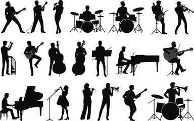 Music band silhouettes set, musicians playing instruments, jazz rock orchestra performers, live concert scene, black isolated people vector collection