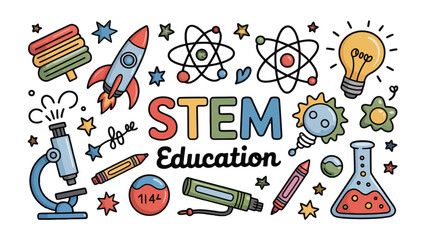 STEM Education Doodle: A colorful illustration that captures the essence of STEM education with playful icons representing science, technology, engineering, and mathematics © Abu