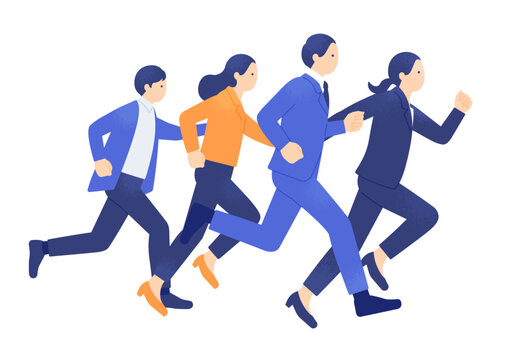 前へ進むビジネスパーソン。スピード感と団結を表す人物イラスト素材。