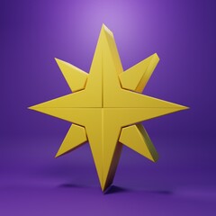 Obraz premium Yellow Wind rose icon isolated on purple background. Compass icon for travel. Navigation design. Minimalism concept. 3D render illustration