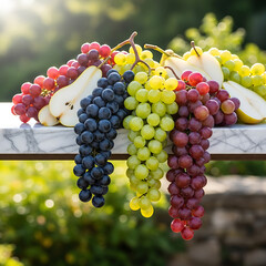 Assortment of fresh grapes in various colors and sliced pears on a marble table outdoors.