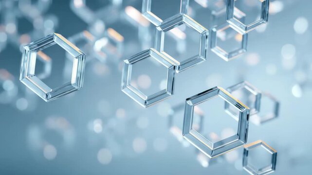 Geometric, hexagonal structures floating in a soft, ethereal environment. The shapes are transparent with a clean, modern aesthetic. The abstract.