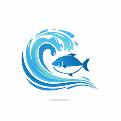 Wave fish creative symbols set. Water splash shape logo template. Seafood restaurant, food shop, store logotype.