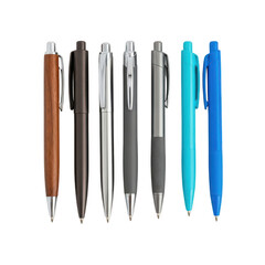 Set of seven different ballpoint pens with various colors and materials isolated on transparent background