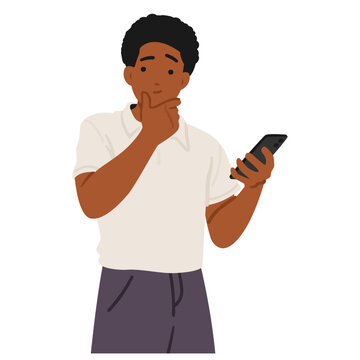 Thoughtful African American teenage guy cartoon character using mobile phone isolated on white