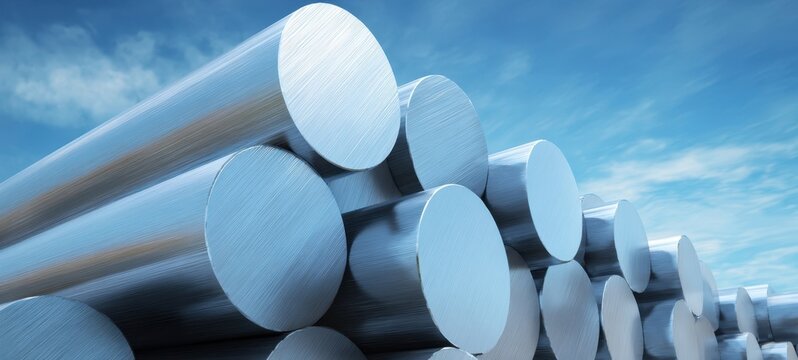 The Steel Rods Stacked Under A Blue Sky With Dramatic Lighting And Texture