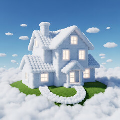 A whimsical dream house made entirely of soft white clouds, glowing warmly on a floating green island amidst a serene blue sky.