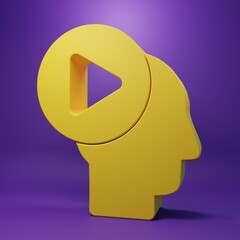 Yellow Head people with play button icon isolated on purple background. Minimalism concept. 3D render illustration