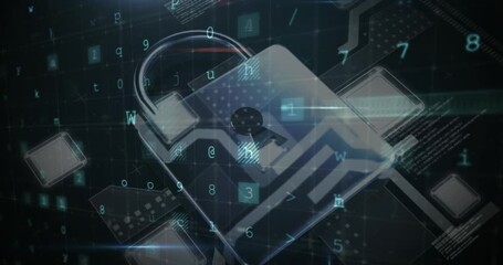 Animation of security padlock over data processing on dark background - Powered by Adobe