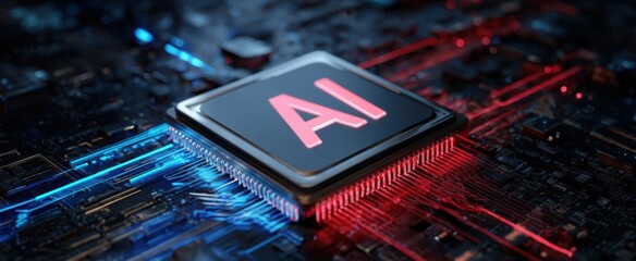 The AI processor glowing on a circuit board representing high speed neural data processing