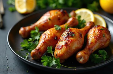 Roasted chicken drumsticks served on black plate. Dish garnished with fresh herbs and lemon slices. Food photo for culinary projects cooking receipes restaurant menus and meal planning.