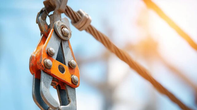 Close-up shot of a metallic hook and cable with a construction theme. The scene is brightly lit, emphasizing the details of the machinery
