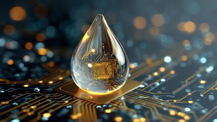 A drop of water encapsulating a microchip, representing the intersection of technology and nature - Powered by Adobe